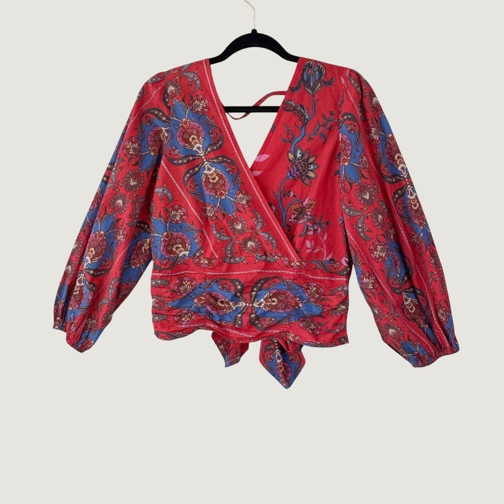 Conditions Apply Floral Wrap Top Large Red Boho Puff Sleeve Tie Back Blouse